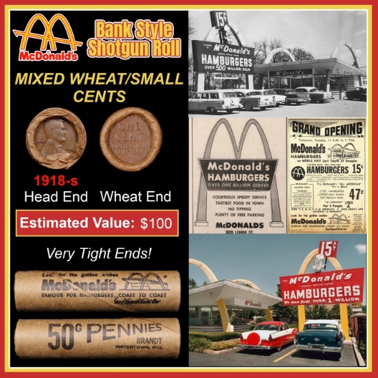Lincoln Wheat Cent 1c Mixed Roll Orig Brandt McDonalds Wrapper, 1918-s end, Wheat other end