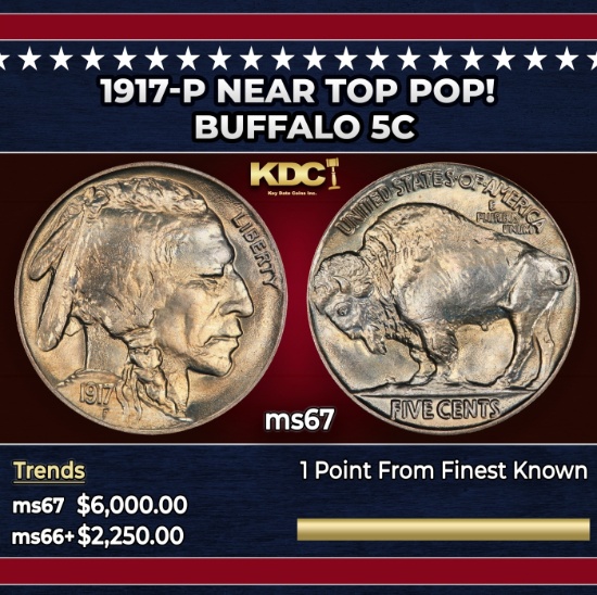 1917-p Buffalo Nickel Near Top Pop! 5c ms67 SEGS