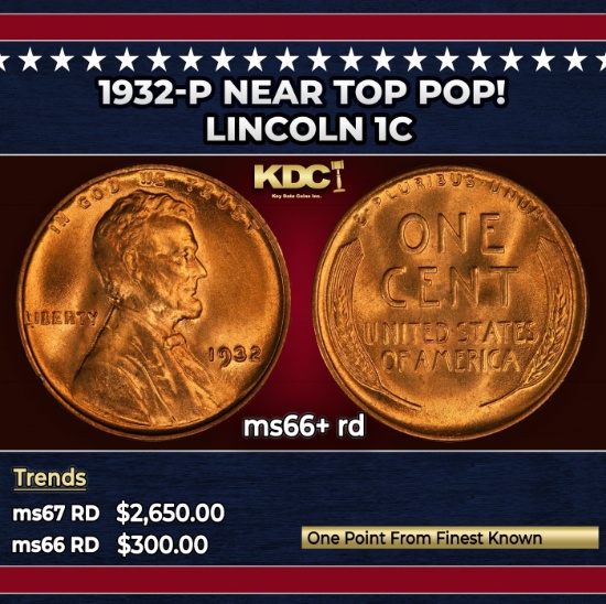 1932-p Lincoln Cent Near Top Pop! 1c ms66+ rd SEGS