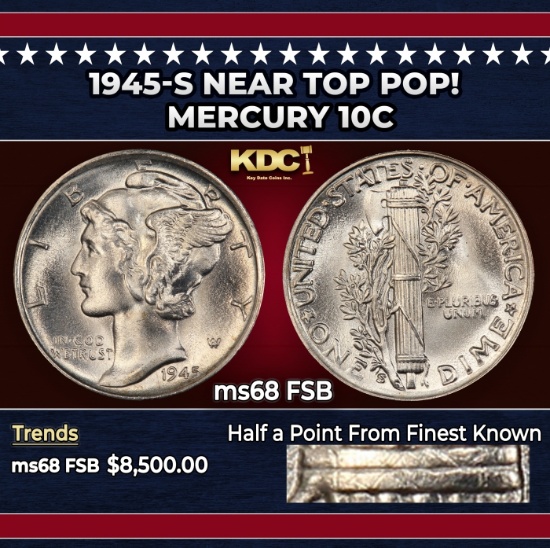 1945-s Mercury Dime Near Top Pop! 10c ms68 FSB SEGS