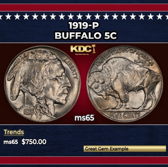 1919-p Buffalo Nickel 5c Grades ms65