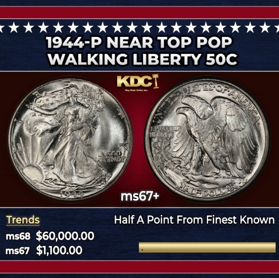 1944-p Walking Liberty Half Dollar Near Top Pop 50c ms67+ SEGS