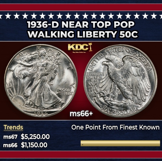 1936-d Walking Liberty Half Dollar Near Top Pop 50c ms66+ SEGS
