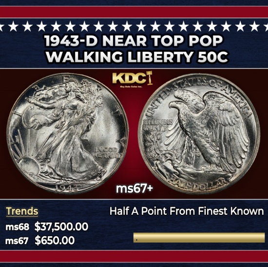 1943-d Walking Liberty Half Dollar Near Top Pop 50c ms67+ SEGS