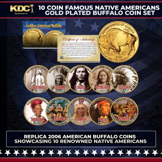 10 Coin 14k Gold Plated Famous Native Americans (American Indians) Gold Plated Buffalo Coin Set Othe
