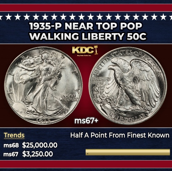 1935-p Walking Liberty Half Dollar Near Top Pop 50c ms67+ SEGS