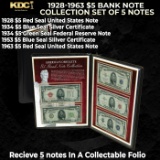 1928-1963 $5 Bank Note Collection Set of 5 Notes