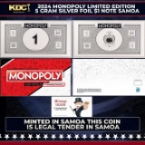2024 Monopoly Limited Edition 5 gram .999 Fine Silver Foil  $1 Note Samoa Other Toy