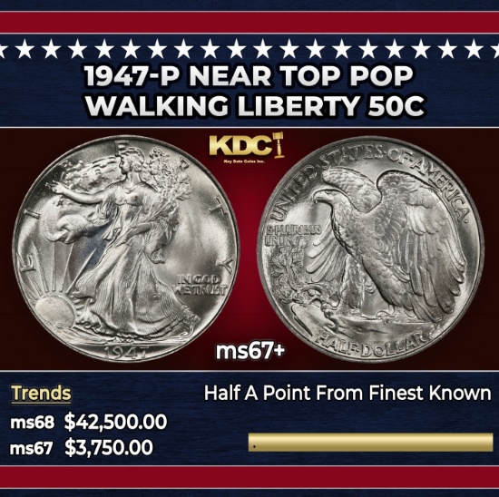 1947-p Walking Liberty Half Dollar Near Top Pop 50c ms67+ SEGS