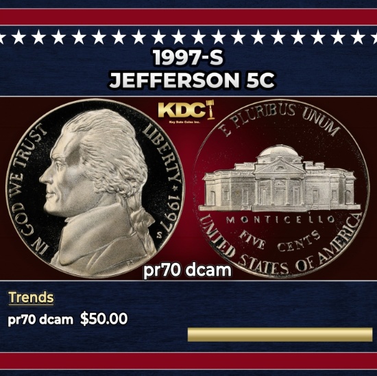 1997-s Proof Jefferson Nickel 5c pr70 dcam SEGS