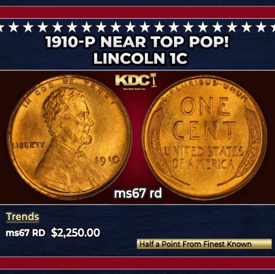 1910-p Lincoln Cent Near Top Pop! 1c ms67 rd SEGS