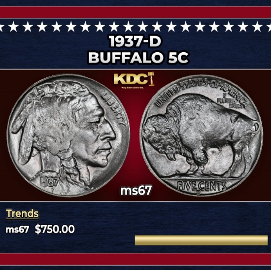 1937-d Buffalo Nickel 5c ms67 SEGS