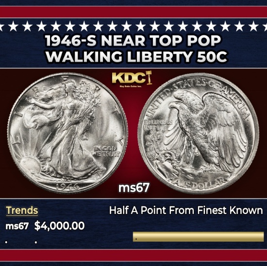 1946-s Walking Liberty Half Dollar Near Top Pop 50c ms67 SEGS
