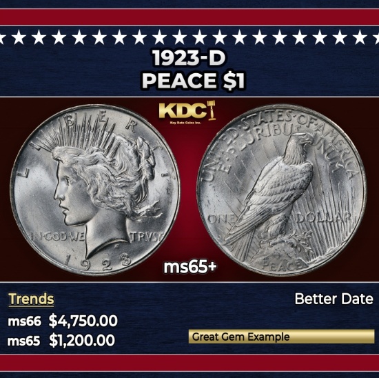 1923-d Peace Dollar $1 ms65+ SEGS