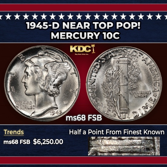 1945-d Mercury Dime Near Top Pop! 10c ms68 FSB SEGS