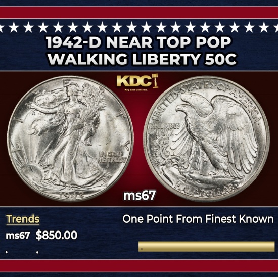 1942-d Walking Liberty Half Dollar Near Top Pop 50c ms67 SEGS