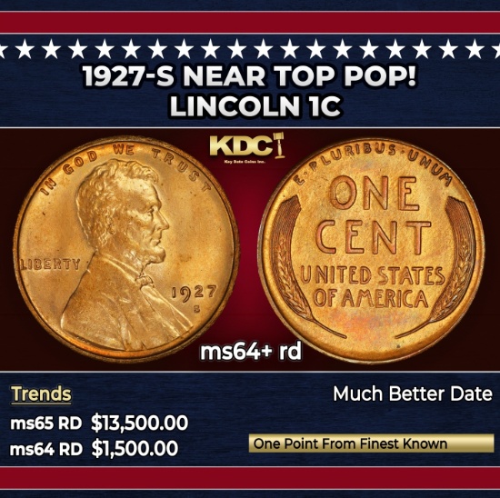1927-s Lincoln Cent Near Top Pop! 1c ms64+ rd SEGS