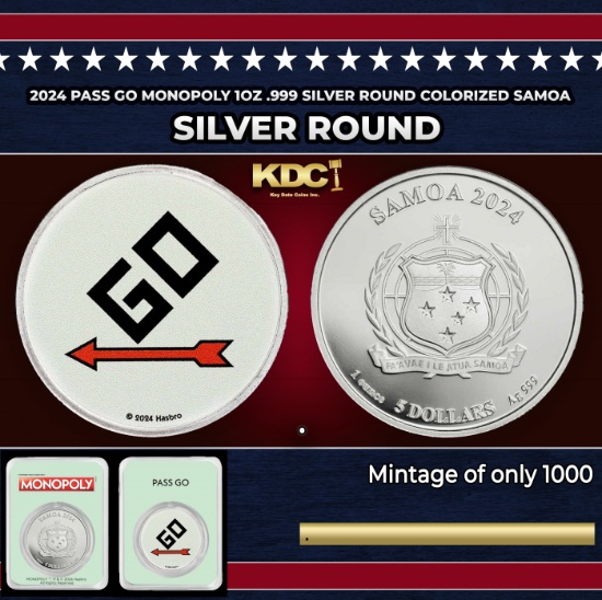 2024 Pass GO Monopoly 1oz .999 Silver Round Colorized Samoa Round