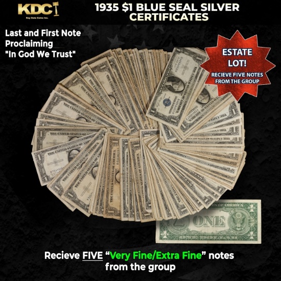 5x 1935 $1 Blue Seal Silver Certificates Grades VF/XF
