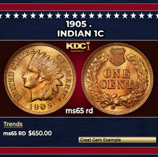 1905 Indian Cent . 1c Grades ms65 rd