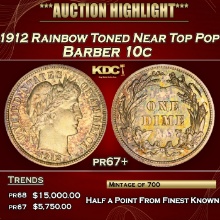 1912 Proof Barber Dime Rainbow Toned Near Top Pop
