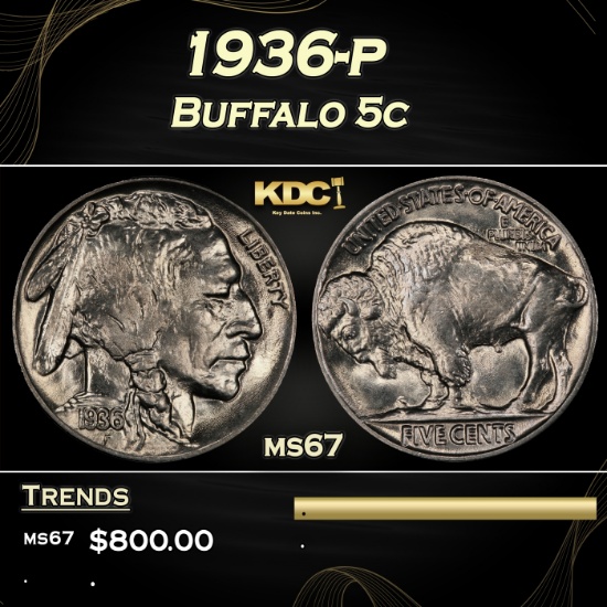 1936-p Buffalo Nickel 5c ms67 SEGS