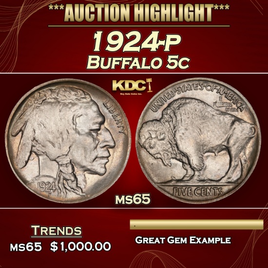 1924-p Buffalo Nickel 5c ms65 SEGS