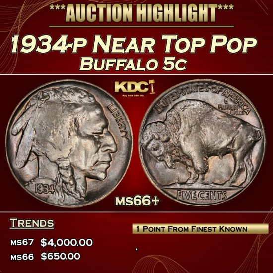 1934-p Buffalo Nickel Near Top Pop 5c ms66+ SEGS