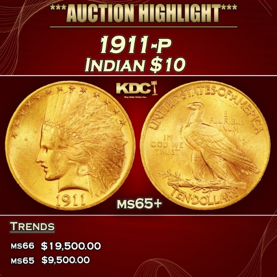 1911-p Gold Indian Eagle $10 ms65+ SEGS
