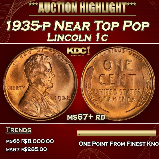 1935-p Lincoln Cent Near Top Pop 1c ms67+ rd SEGS