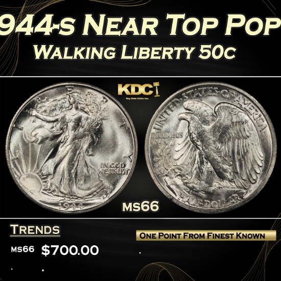 1944-s Walking Liberty Half Dollar Near Top Pop 50c Grades ms66