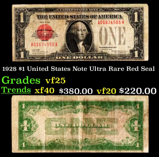 1928 $1 United States Note Ultra Rare Red Seal Grades vf+