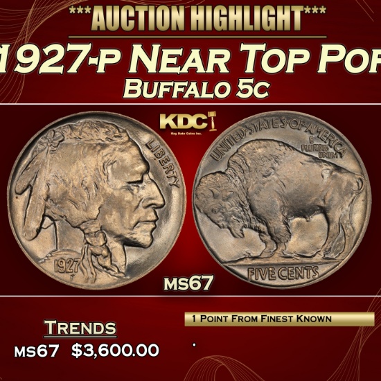 1927-p Buffalo Nickel Near Top Pop 5c ms67 SEGS
