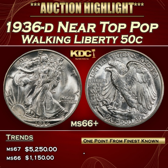 1936-d Walking Liberty Half Dollar Near Top Pop 50c ms66+ SEGS