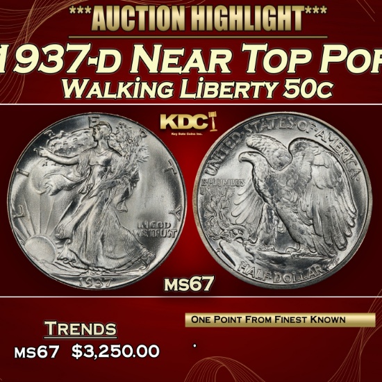 1937-d Walking Liberty Half Dollar Near Top Pop 50c ms67 SEGS
