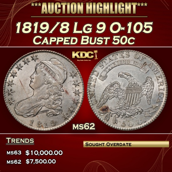 1819/8 Lg 9 Capped Bust Half Dollar O-105 50c ms62 USCG