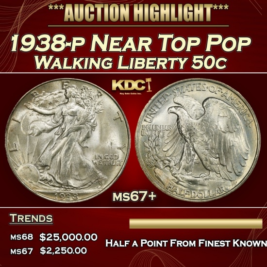 1938-p Walking Liberty Half Dollar Near Top Pop 50c ms67+ SEGS