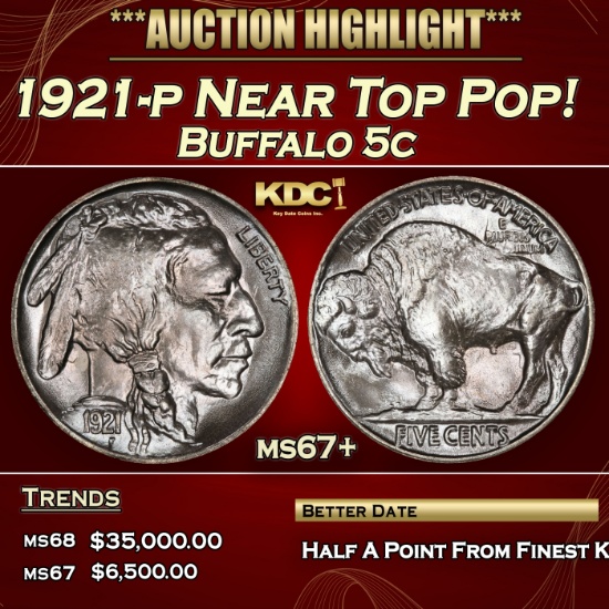 1921-p Buffalo Nickel Near Top Pop! 5c ms67+ SEGS