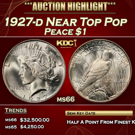 1927-d Peace Dollar Near Top Pop $1 ms66 SEGS