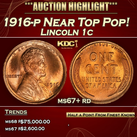 1916-p Lincoln Cent Near Top Pop! 1c ms67+ rd SEGS