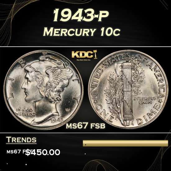 1943-p Mercury Dime 10c ms67 fsb SEGS
