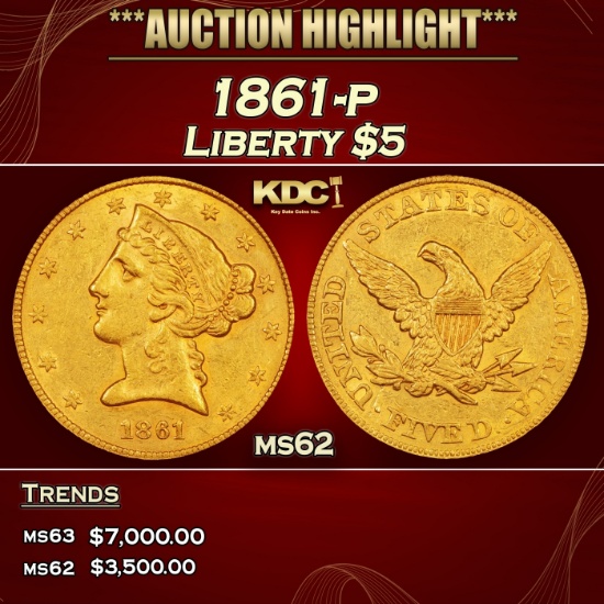 1861-p Gold Liberty Half Eagle $5 ms62 USCG