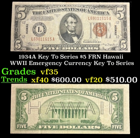 1934A $5 FRN Hawaii WWII Emergency Currency Key To Series Key To Series Grades vf++