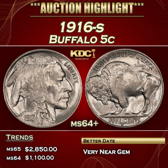 1916-s Buffalo Nickel 5c ms64+ SEGS