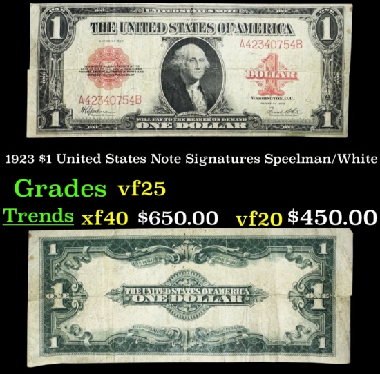 1923 $1 United States Note Grades vf+ Signatures Speelman/White