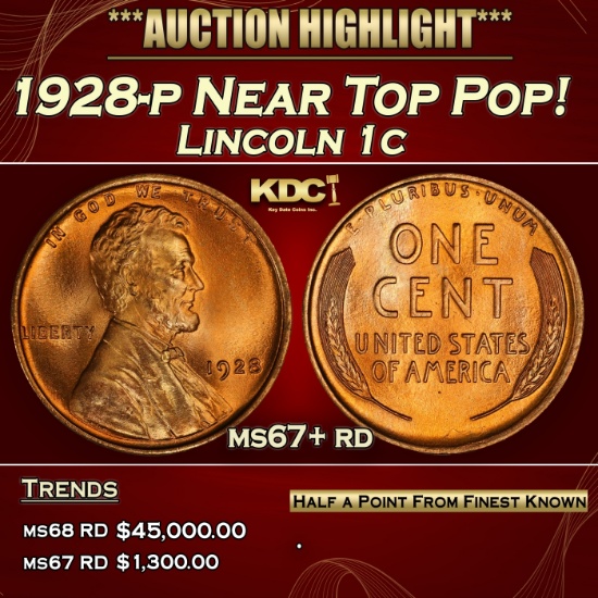1928-p Lincoln Cent Near Top Pop! 1c ms67+ rd SEGS