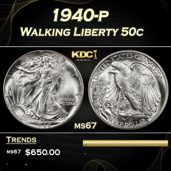 1940-p Walking Liberty Half Dollar 50c ms67 SEGS