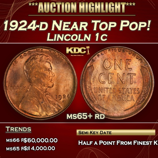 1924-d Lincoln Cent Near Top Pop! 1c ms65+ rd SEGS