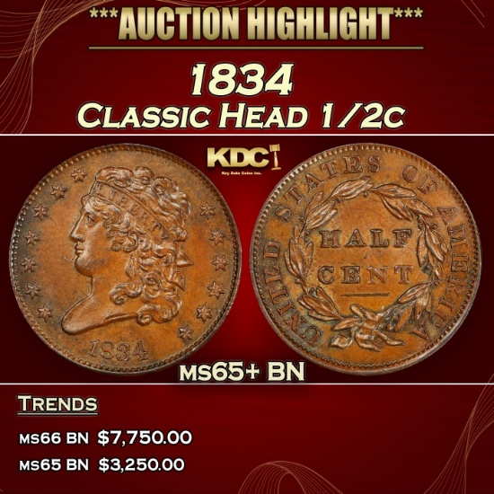 1834 Classic Head half cent 1/2c ms65+ BN SEGS