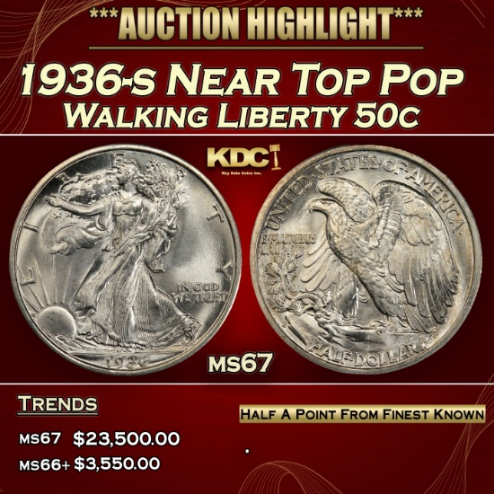 1936-s Walking Liberty Half Dollar Near Top Pop 50c ms67 SEGS